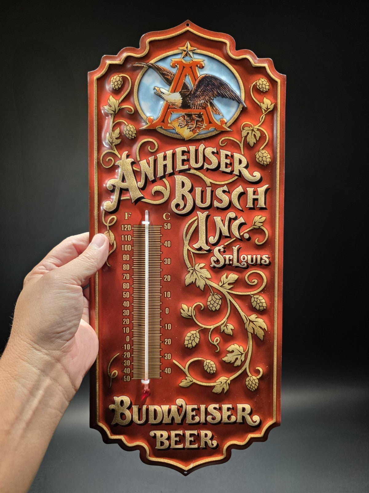 Metal Vintage Style Anheuser Busch Budweiser Wall Thermometer Sign