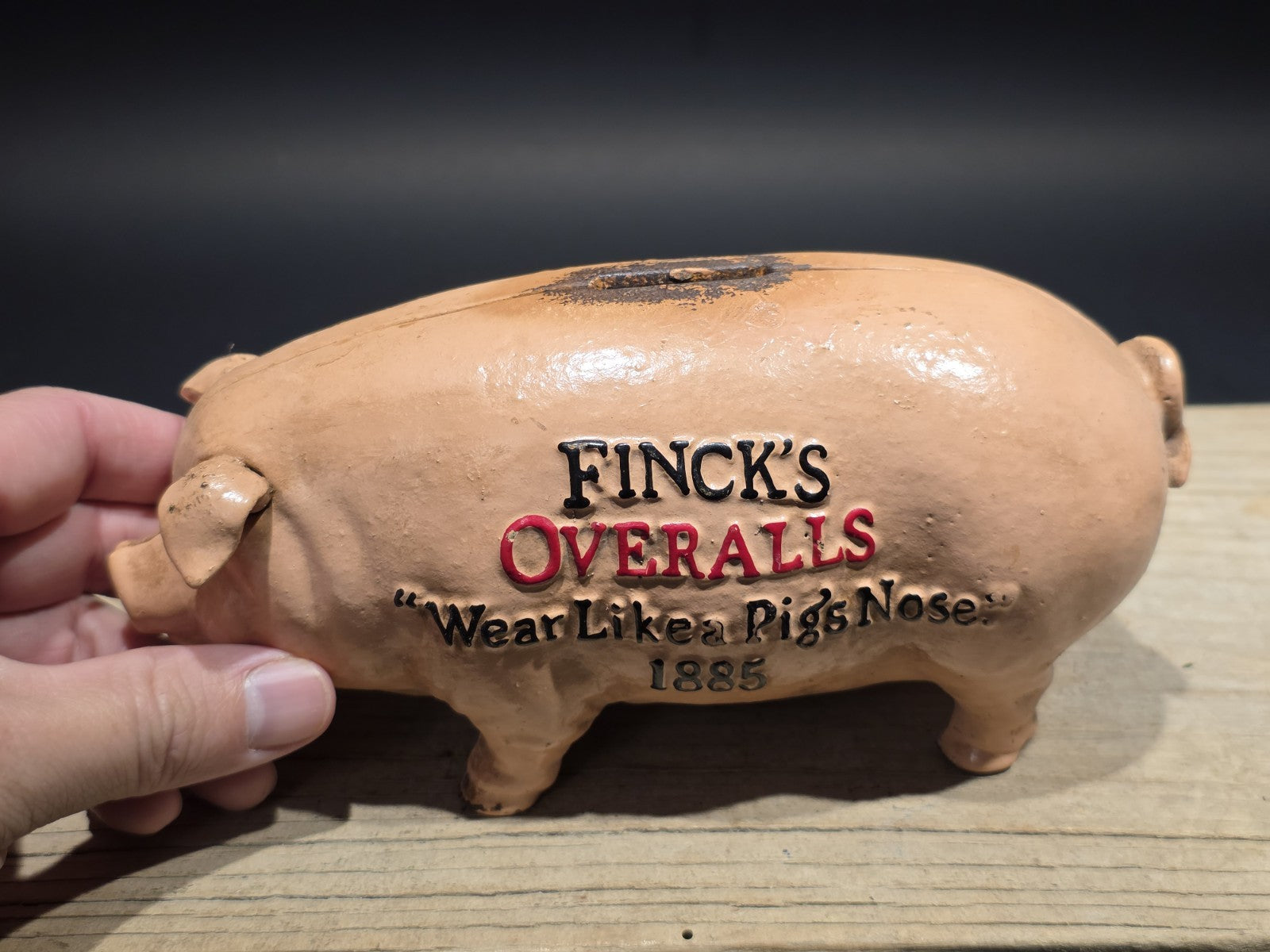 8" Antique Style Cast Iron Advertising Americana  Finck’s Overalls Coin Bank