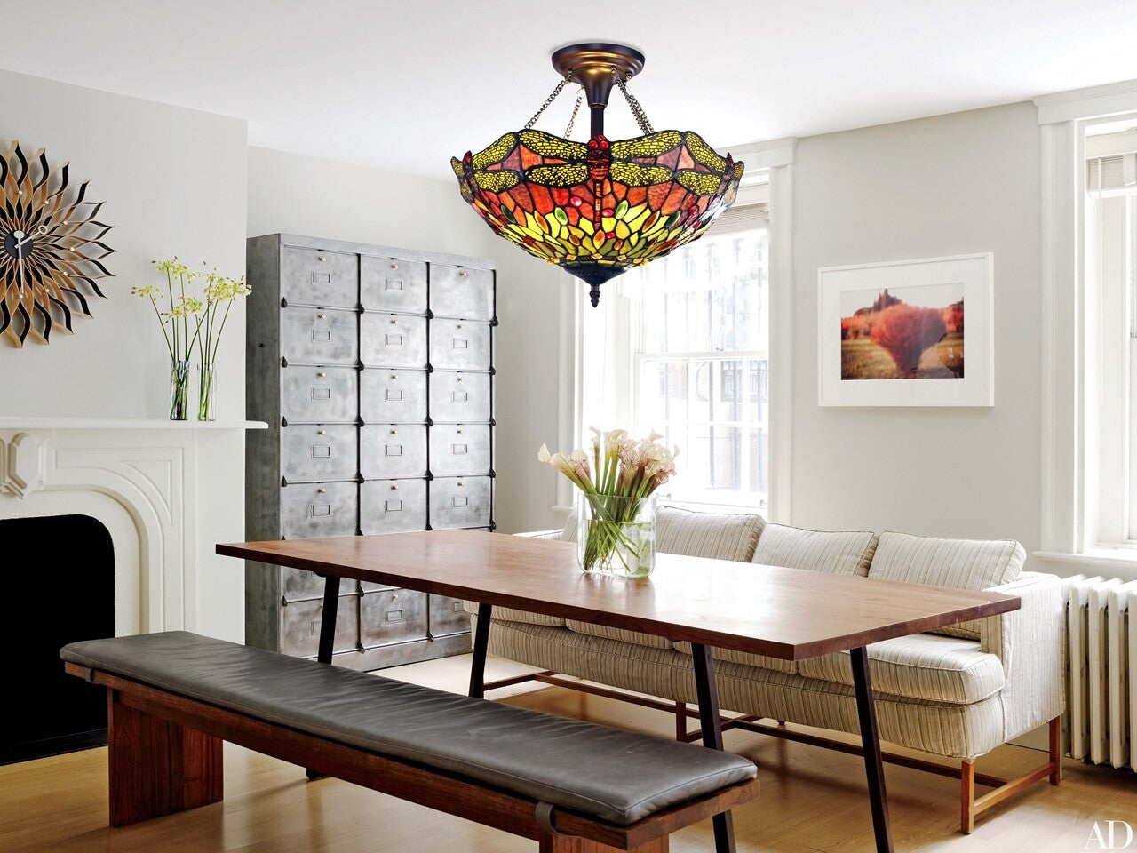 16" Dragonfly Stained Glass Semi Flush Ceiling Uplight