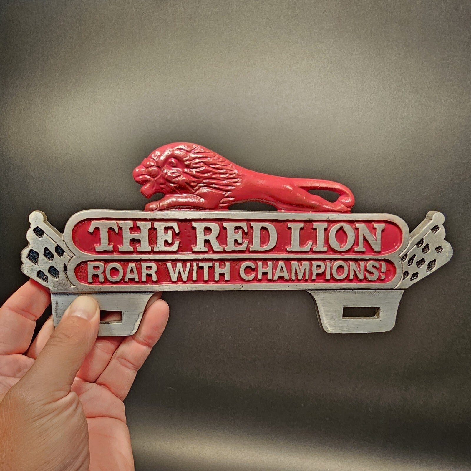 Antique Vintage Style Aluminum Red Lion License Plate Fob Topper