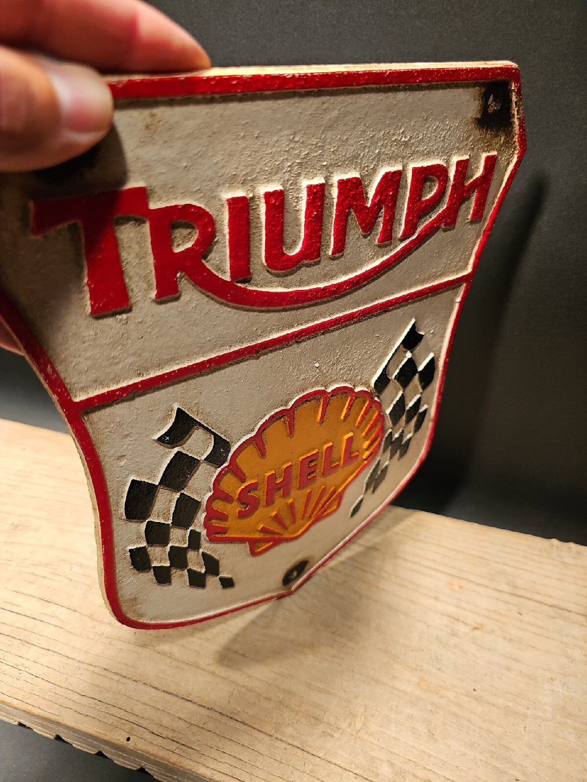 Antique Vintage Style Cast Iron Triumph Shell Gas Oil Sign Plaque