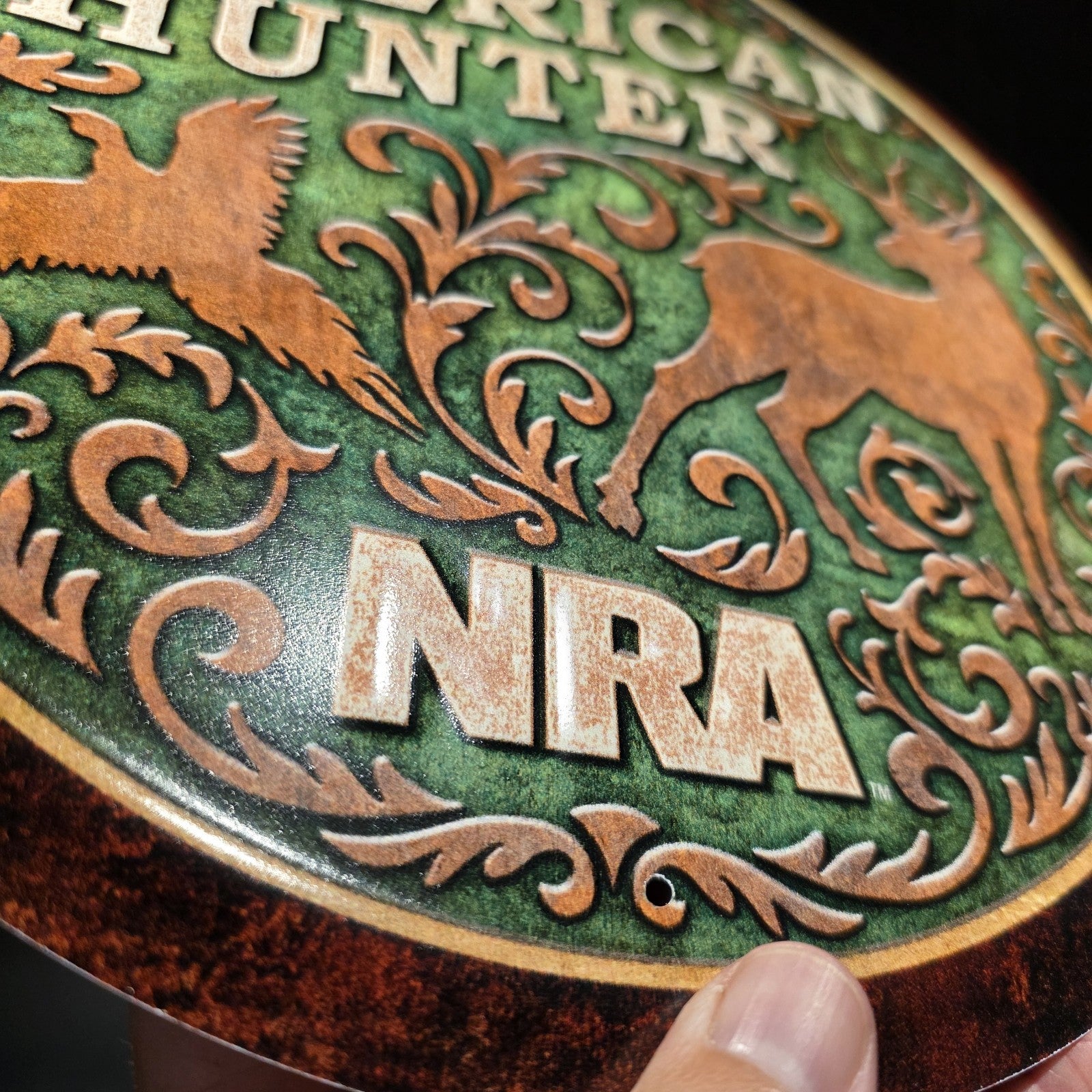 American Hunter NRA Round Metal Sign – Embossed Deer Duck Pheasant Decor