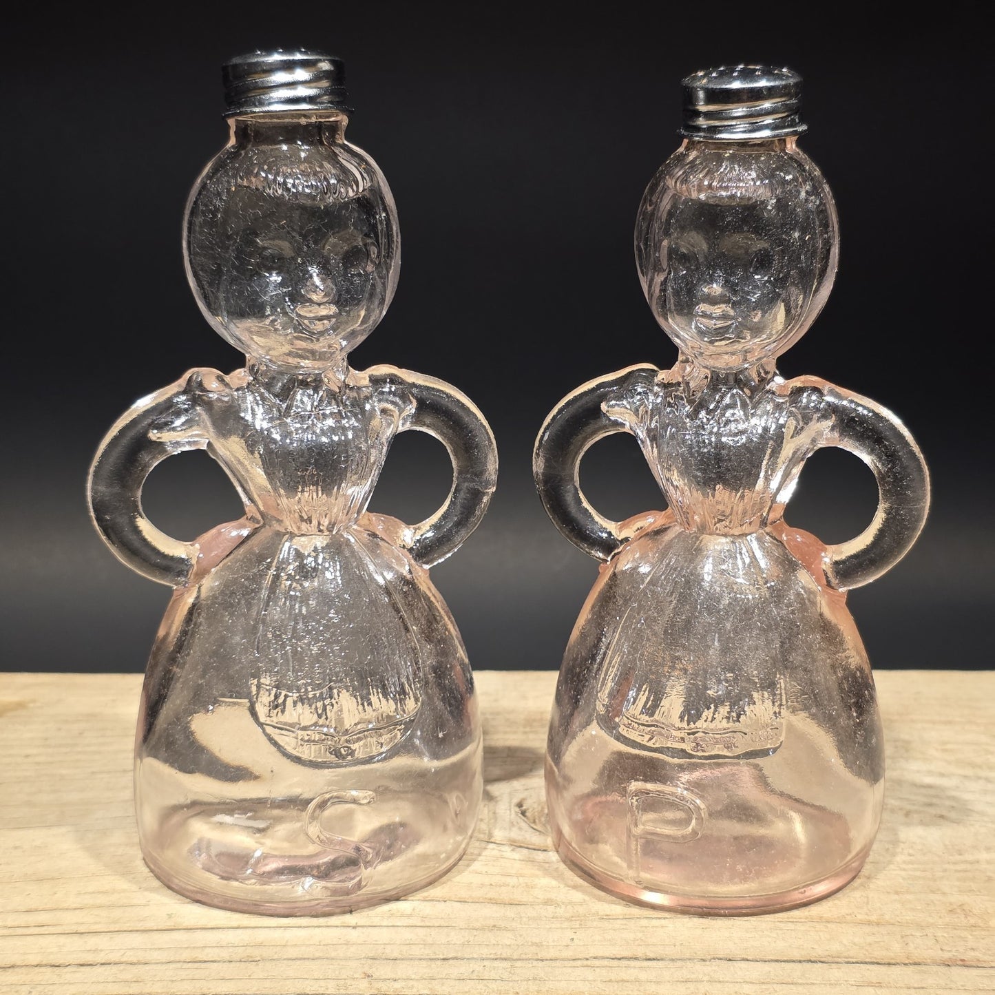 7" Vintage Style Pair Pink Glass Lady Salt Pepper Shakers – Depression Style
