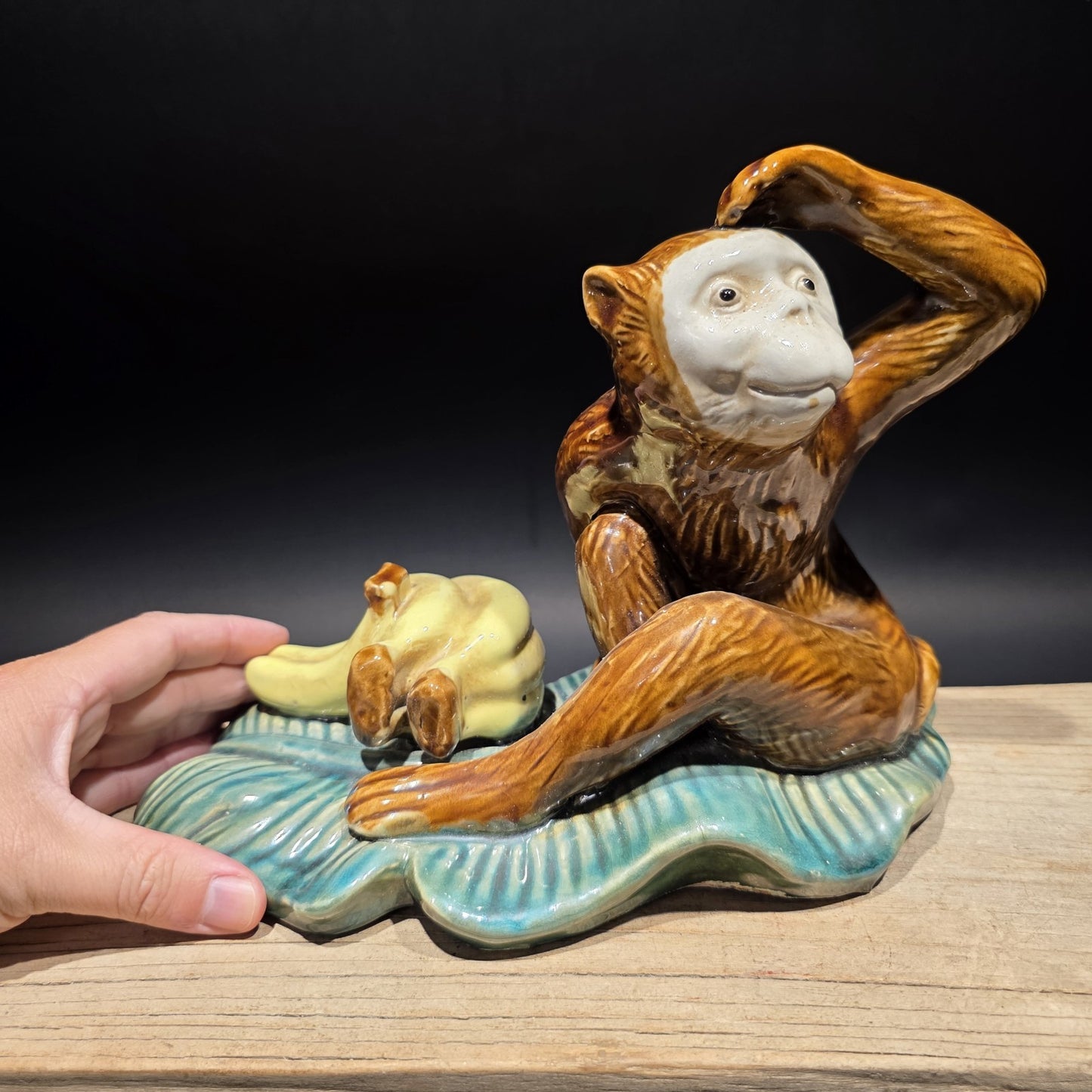 8" Majolica Style Monkey with Bananas Figurine – Wilson Ceramic Statue