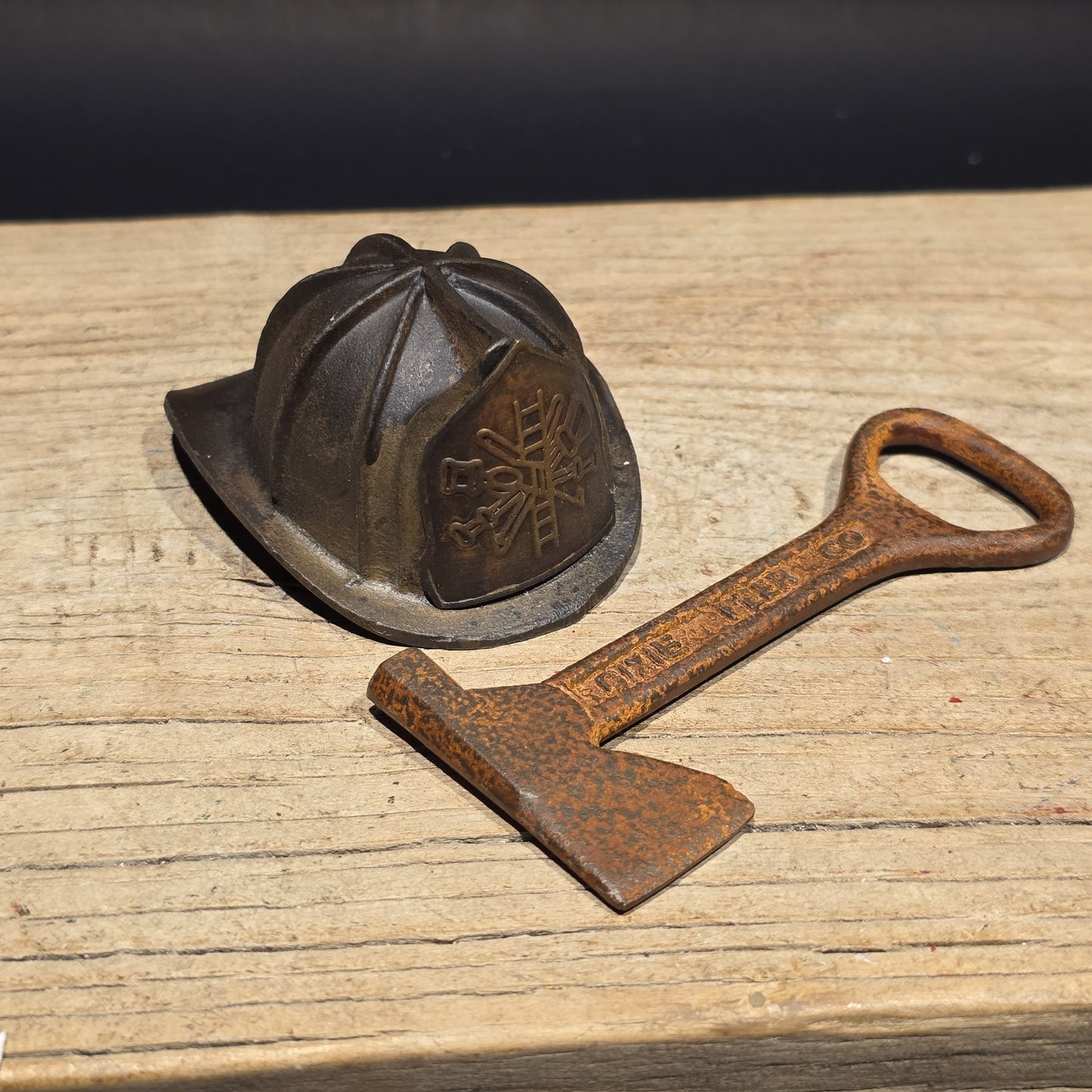 Mini Cast Iron Fireman Helmet, Dixie Beer Fire Axe Bottle Opener Lot
