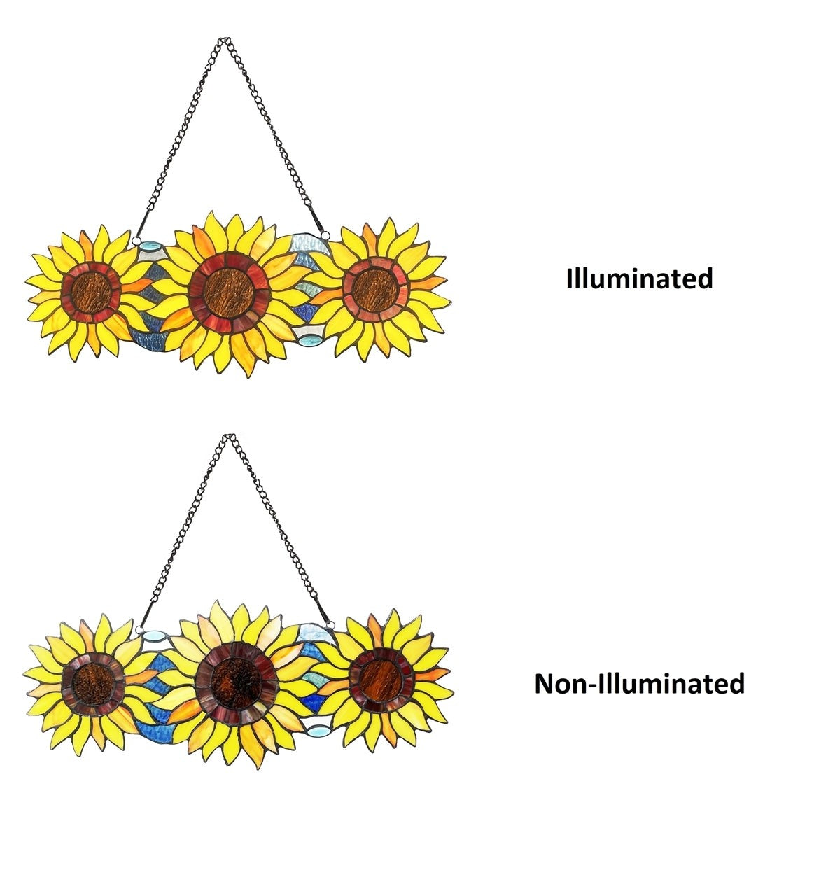 22" Stained Glass Sunflower Window Panel – 3 Flower Suncatcher