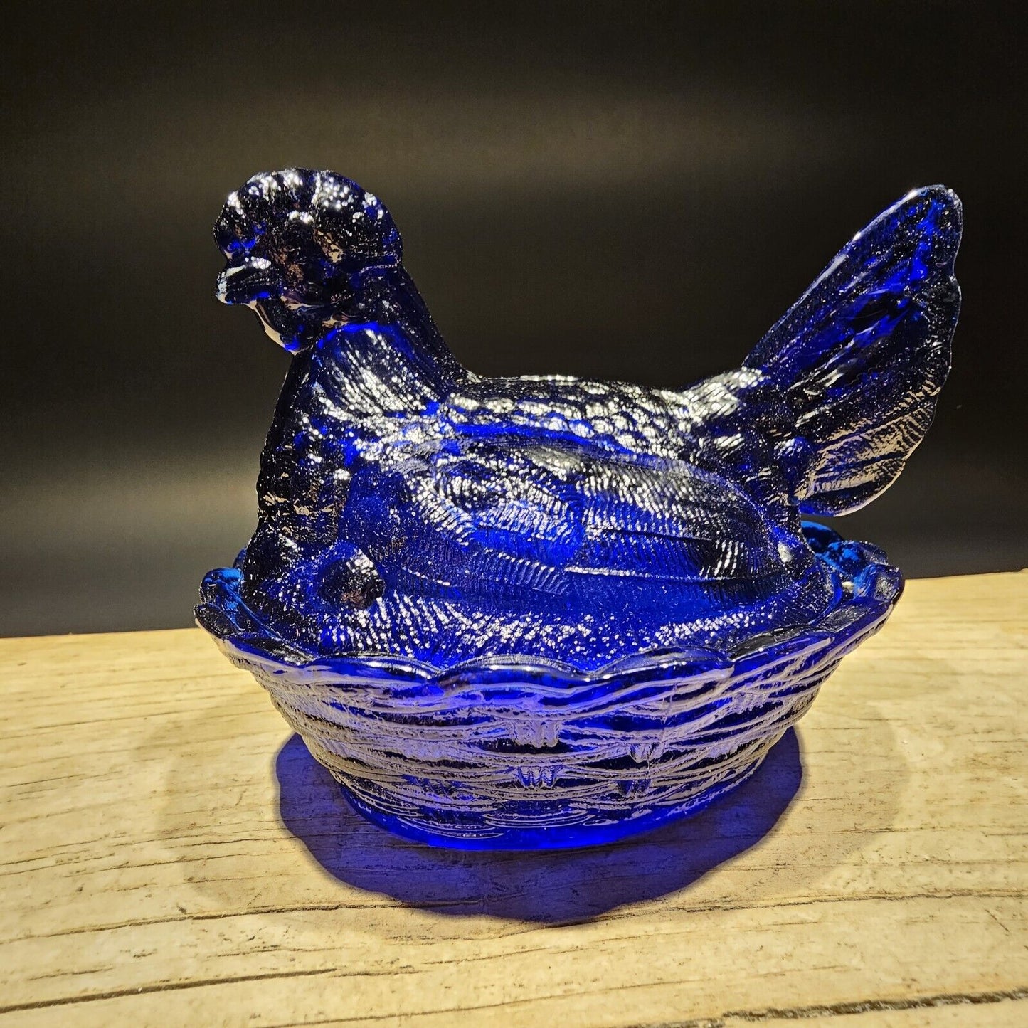 Antique Vintage Style Cobalt Blue Depression Glass Chicken Hen On Nest Dish