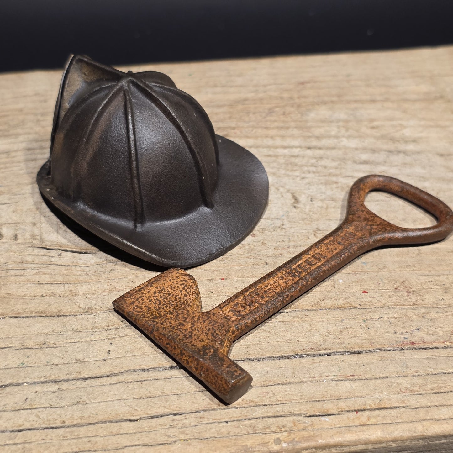 Mini Cast Iron Fireman Helmet, Dixie Beer Fire Axe Bottle Opener Lot