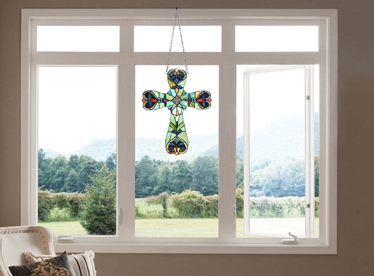 20" Antique Vintage Style Stained Glass Cross Window Hanging Panel Suncatcher