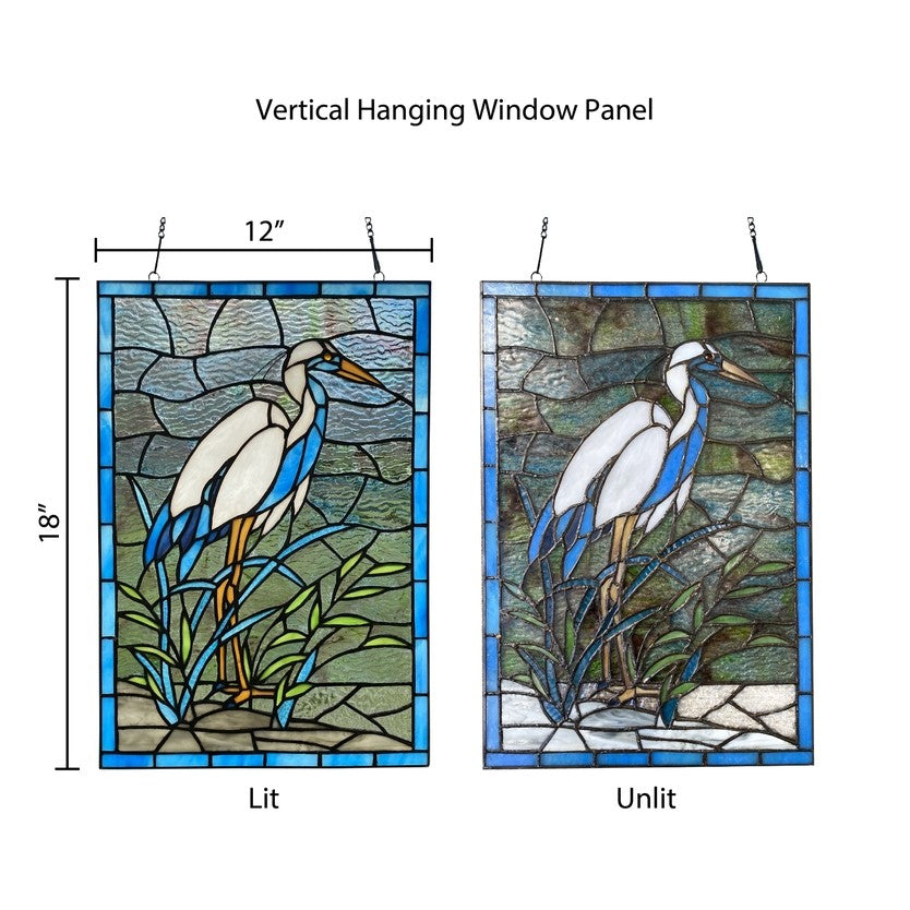 18"  White & Blue Crane Stained Glass Window Panel