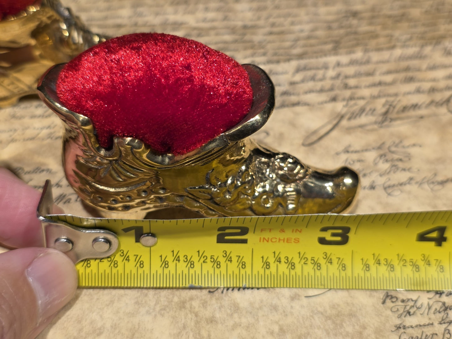 3" Miniature Brass Boot Sewing Pin Cushion Collection