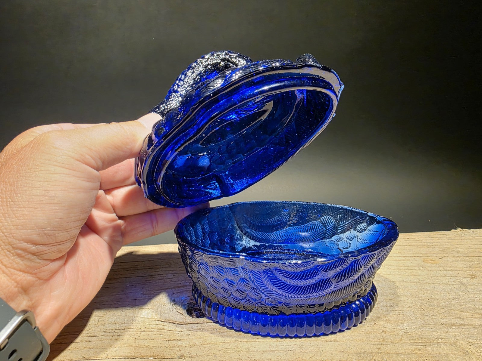 Vintage Style Cobalt Blue Depression Glass Swan Candy Dish Box