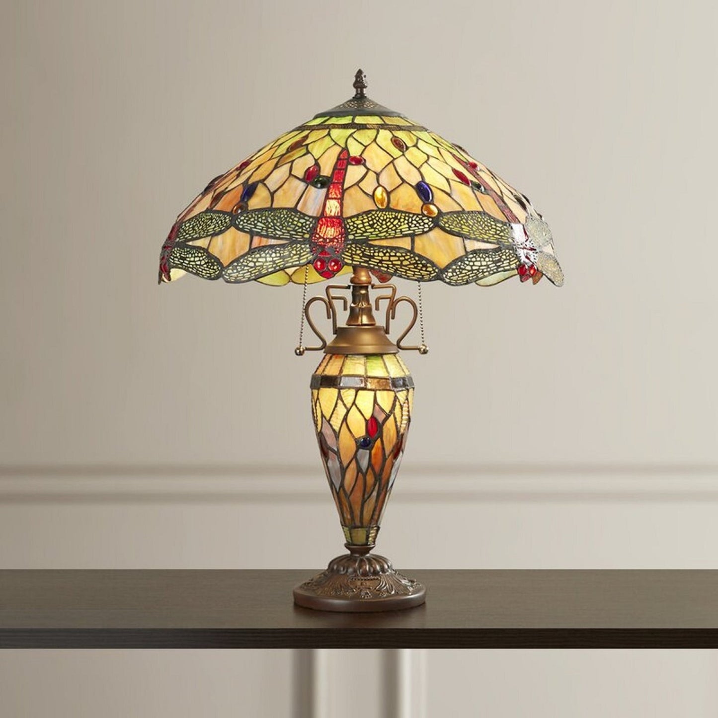 24" Antique Vintage Style Stained Glass Dragonfly Lighted Base Table Lamp