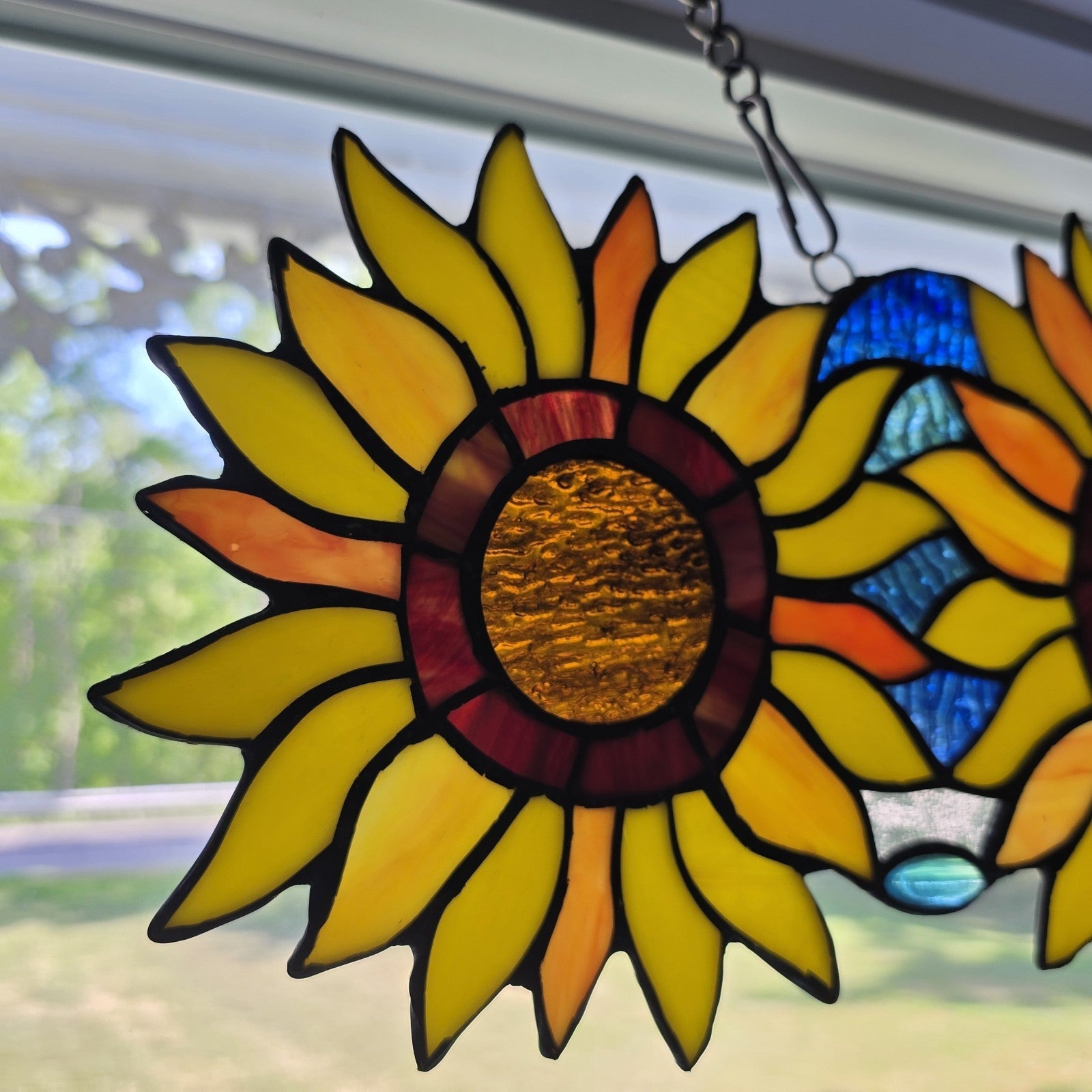 22" Stained Glass Sunflower Window Panel – 3 Flower Suncatcher