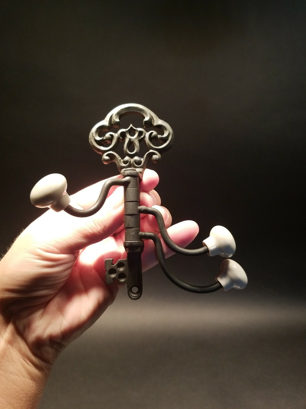 Antique Vintage Style Cast Iron Key Swivel Hook W Porcelain Knobs