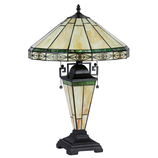 23.4"  3 light Antique Vintage Style Stained Glass Wood Mission Table Lamp