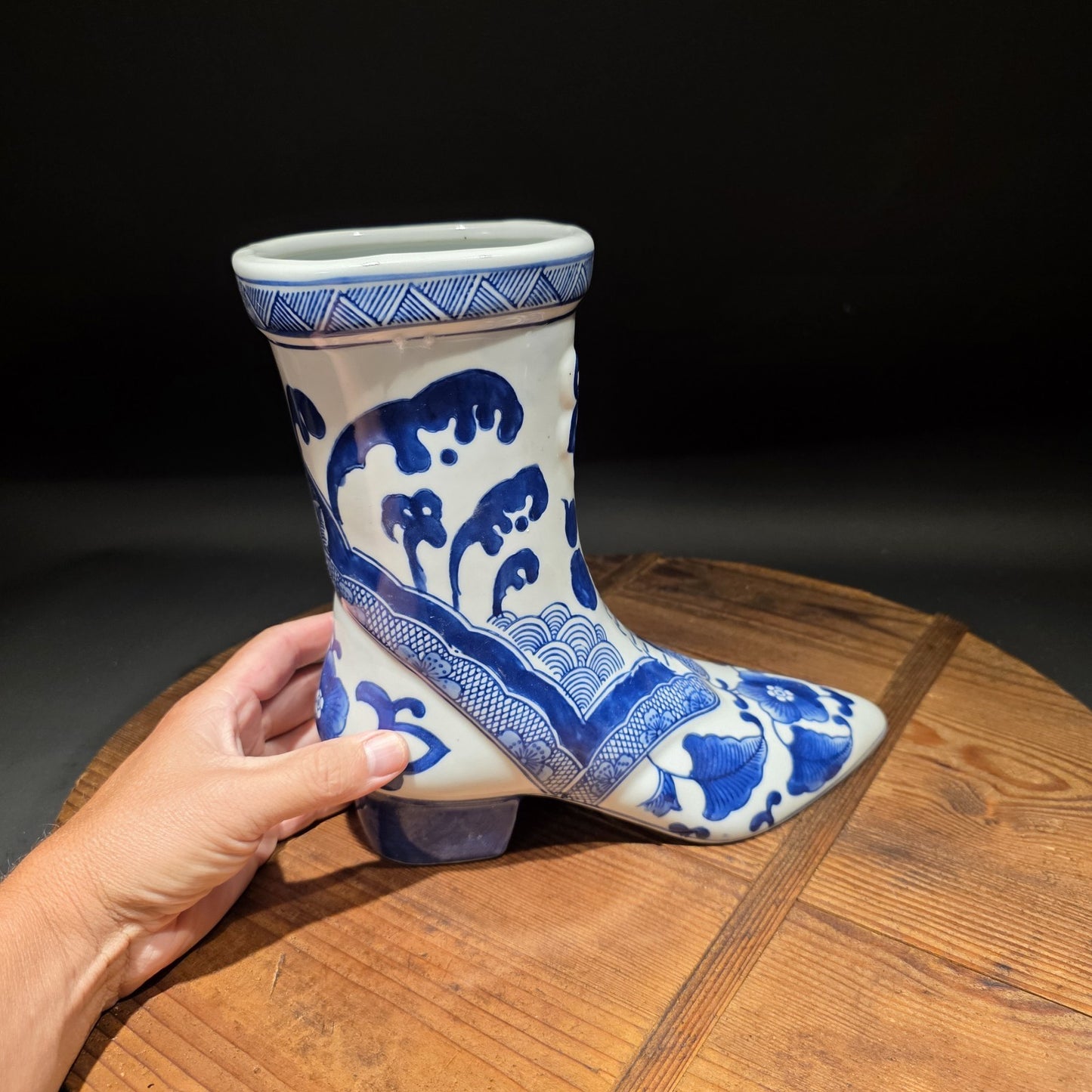 Blue And White Victorian Boot Vase/ Planter