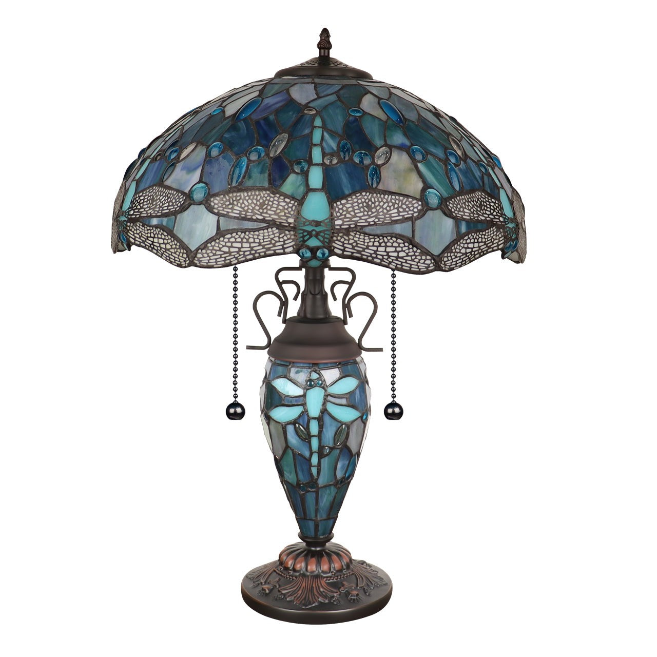 22.44" Antique Vintage Style Stained Glass Dragonfly Lighted Base Table Lamp