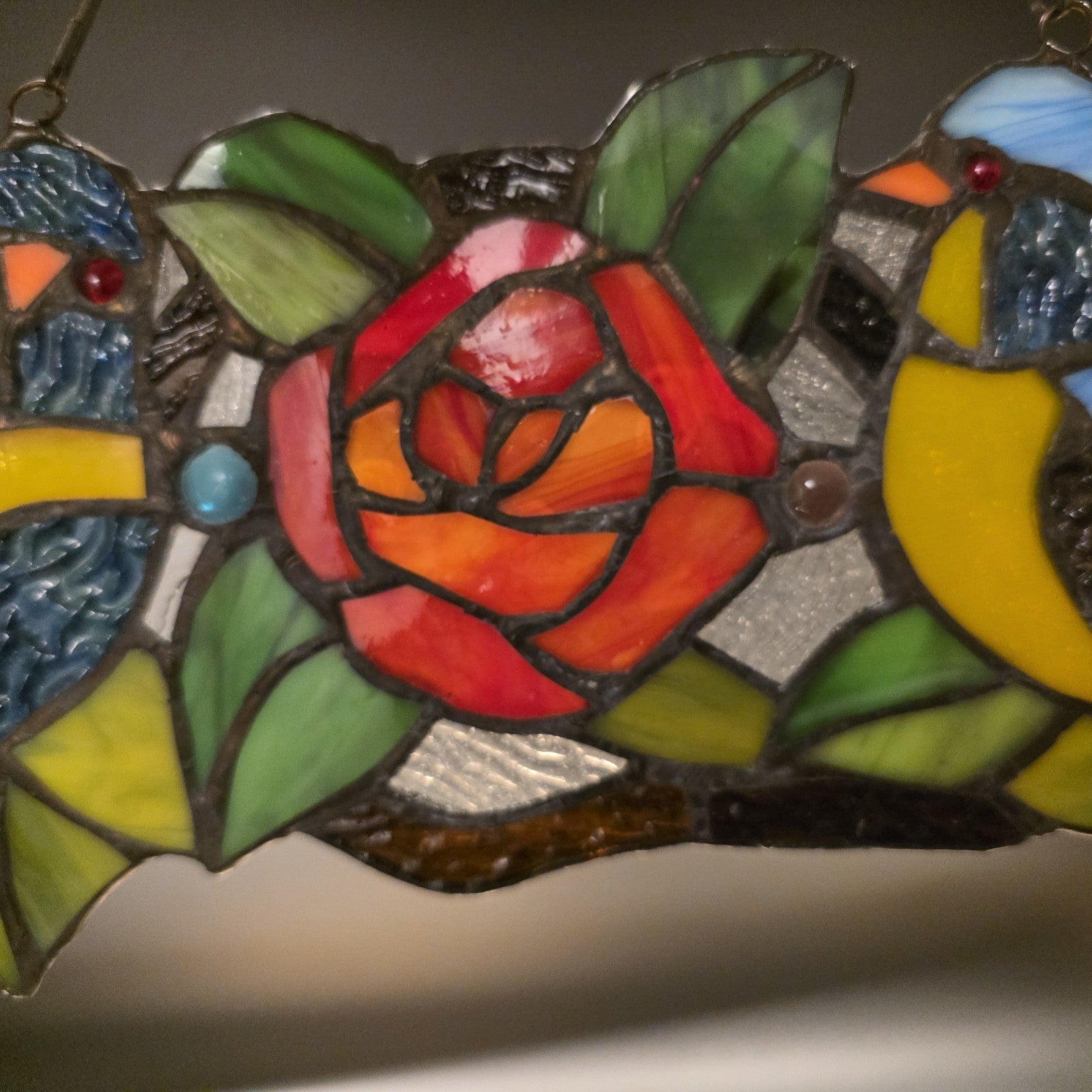 Tiffany Style Stained Glass Birds Panel – Rose Floral Suncatcher