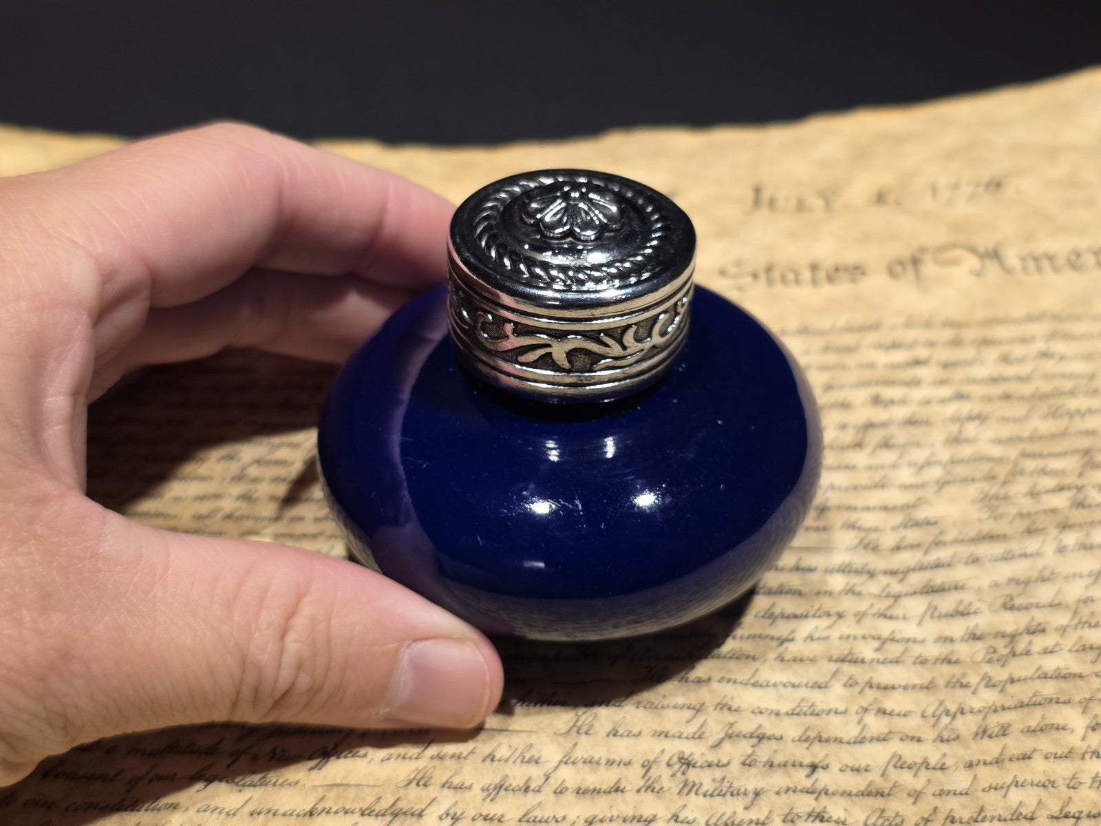 3" Cobalt Blue Ceramic Inkwell Inkpot With Silver Metal Screw Lid