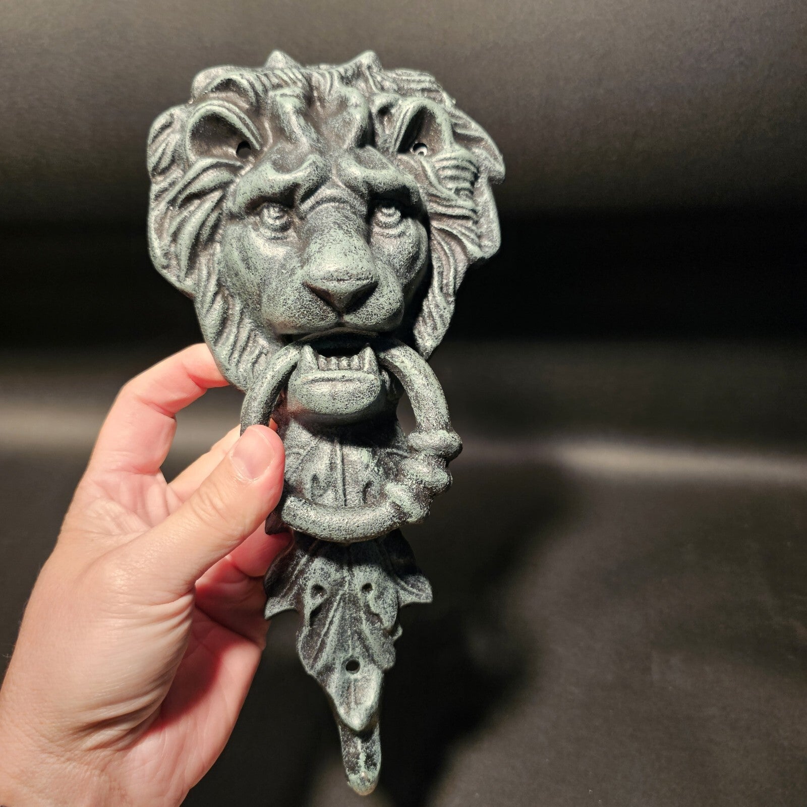 Antique Vintage Style Cast Verdi Green Iron Lion Door Knocker w Hook