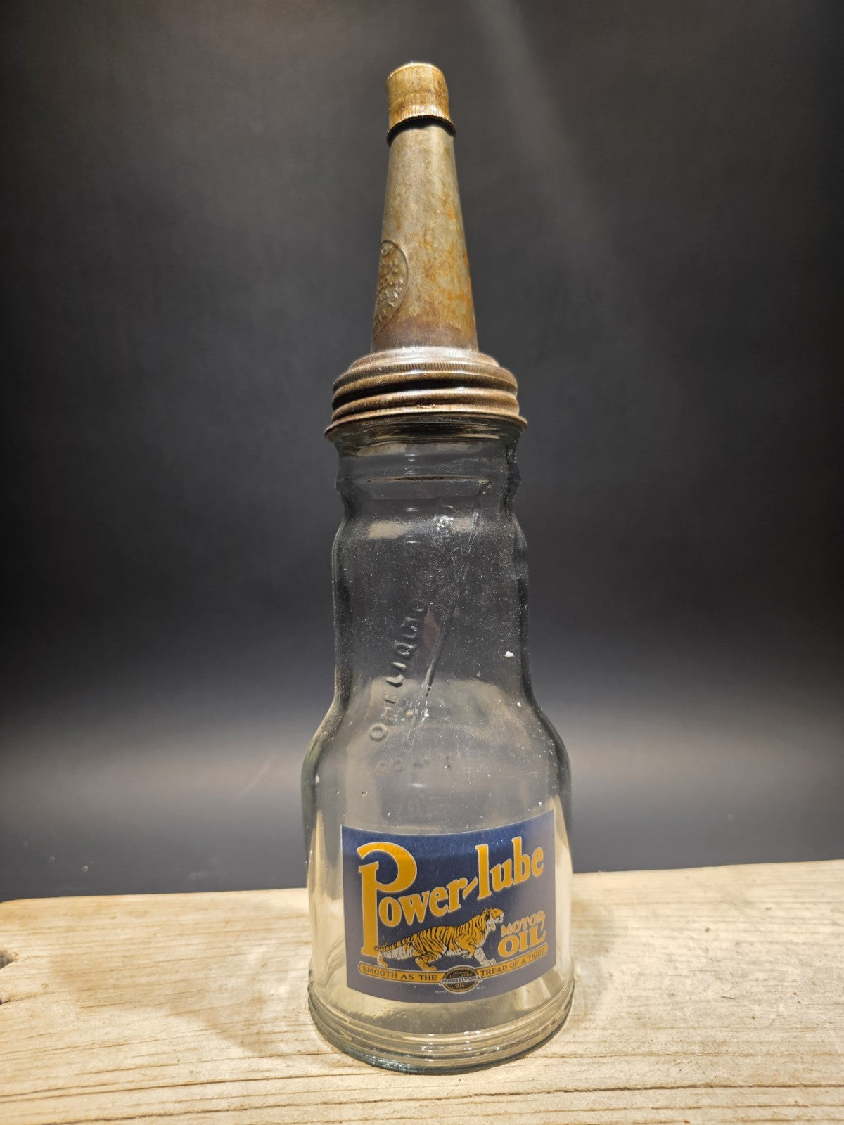 1930s Style Glass Power Lube Oil Bottle w Spout