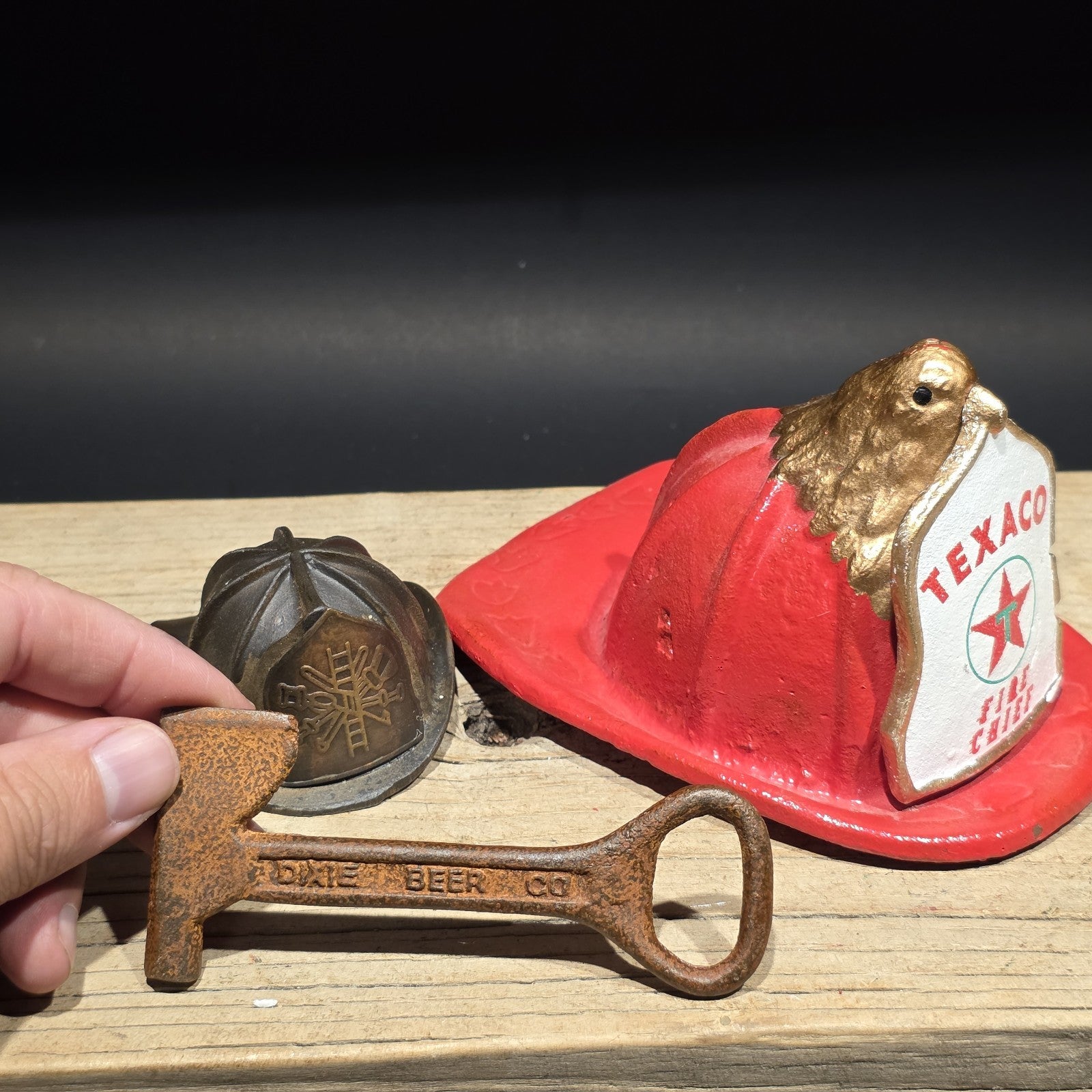 Mini Cast Iron Texaco Fire Chief Helmet Dixie Beer Axe Bottle Opener Lot