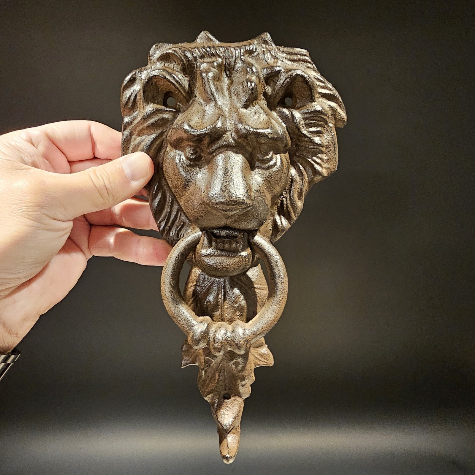 Antique Vintage Style Cast Iron Lion Door Knocker w Hook