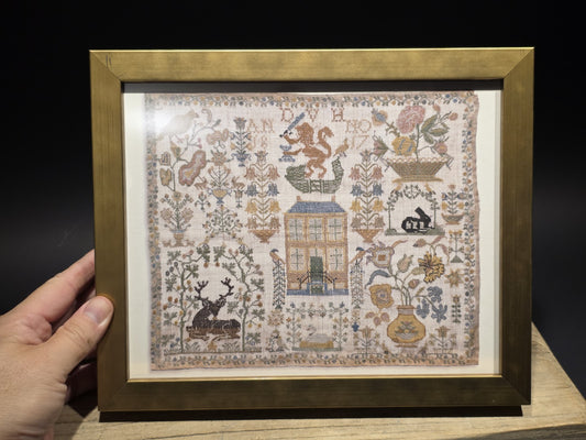 11" x 8.5" Framed Sampler PRINT – Early American Folk Embroidery Design