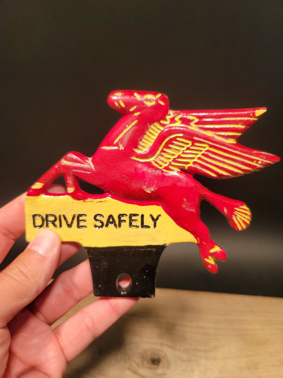 Antique Vintage Style Aluminum Pegasus Drive Safely License Plate Fob Topper
