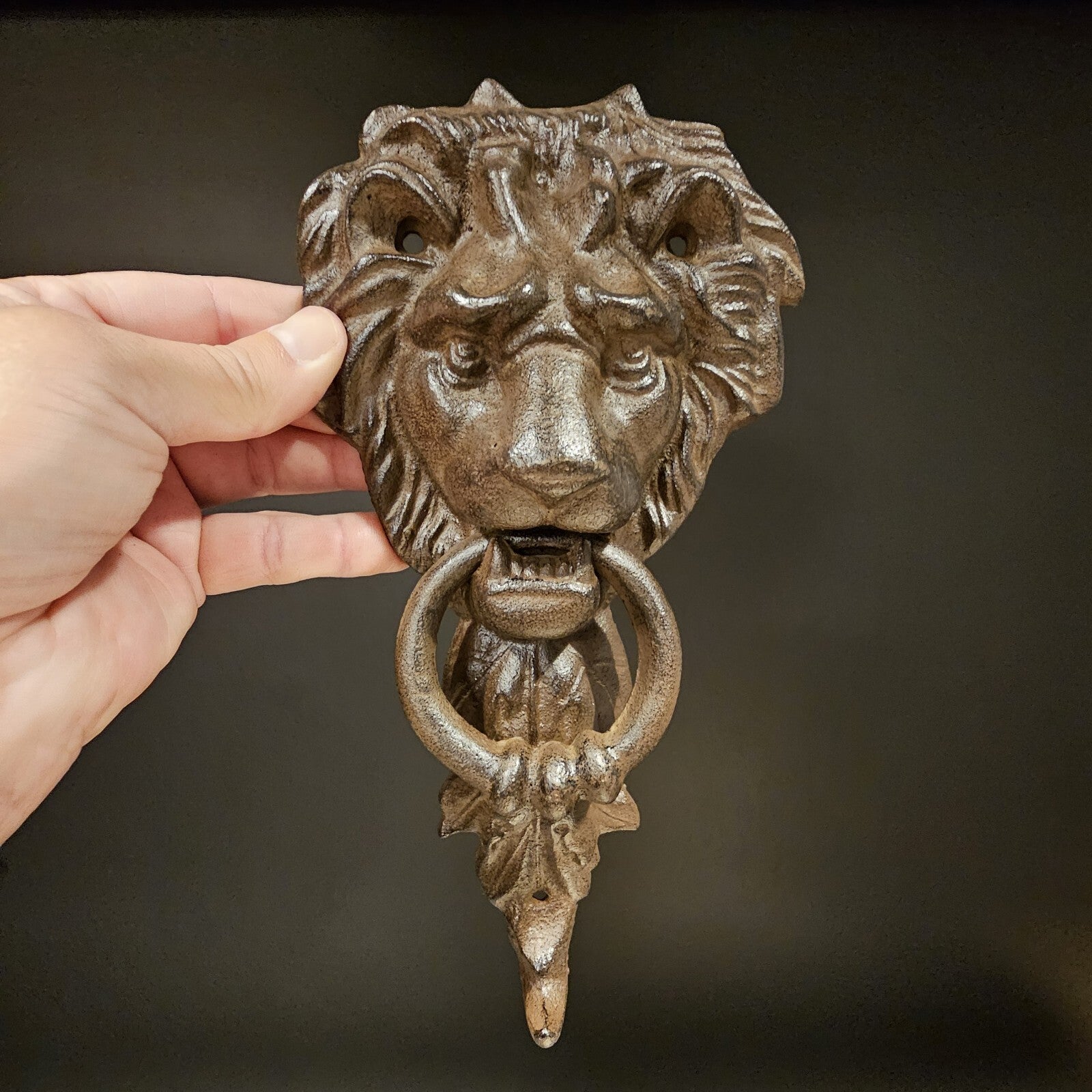 Antique Vintage Style Cast Iron Lion Door Knocker w Hook