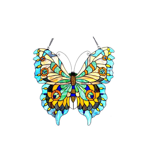 21" Blue Butterfly Stained Glass Window Hanging Panel Suncatcher
