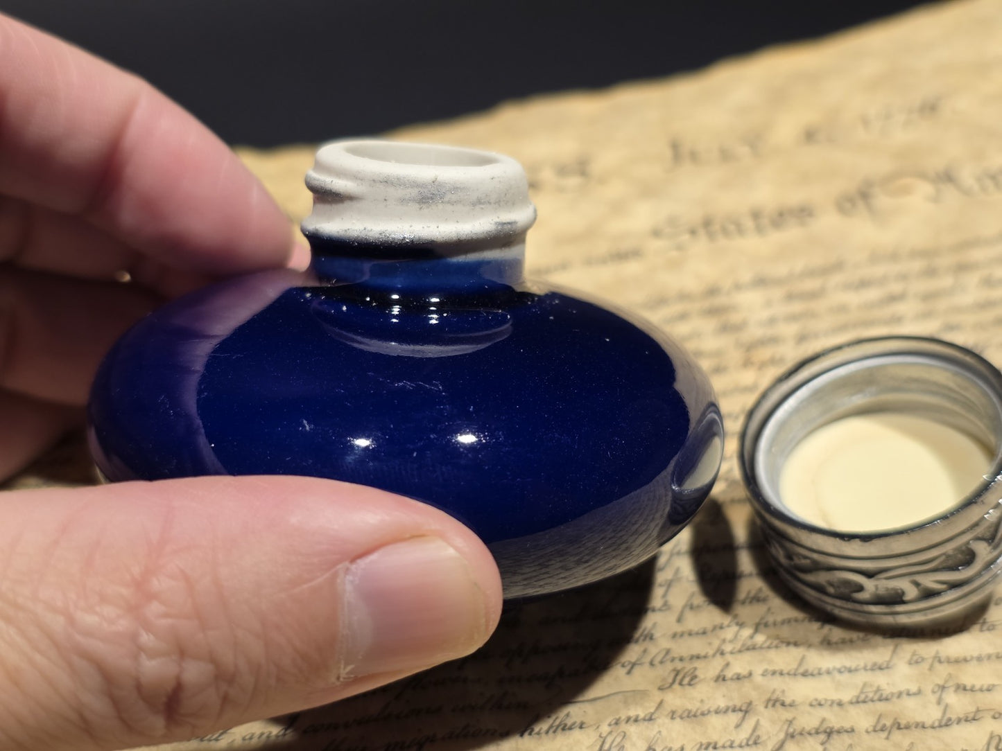3" Cobalt Blue Ceramic Inkwell Inkpot With Silver Metal Screw Lid