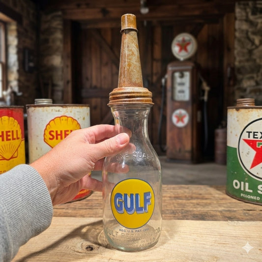 1930s Style Glass Gulf Oil Bottle w Spout