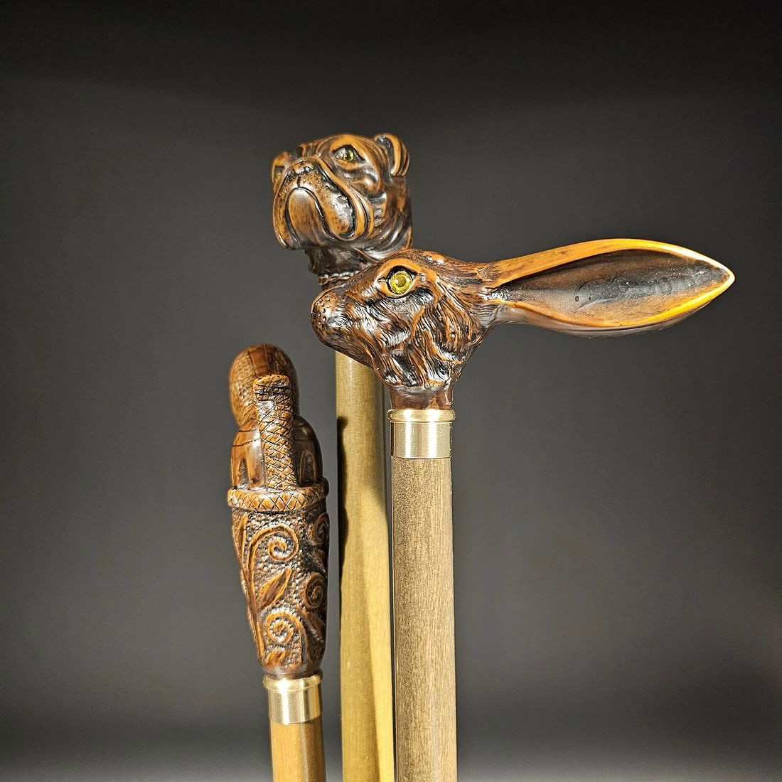 36" Antique Style Lot of 3 Figural Walking Stick Canes