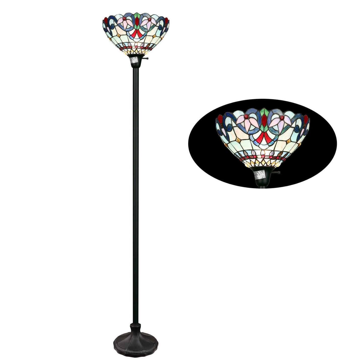 70.5" Antique Vintage Style Stained Glass Torchiere Floor Lamp