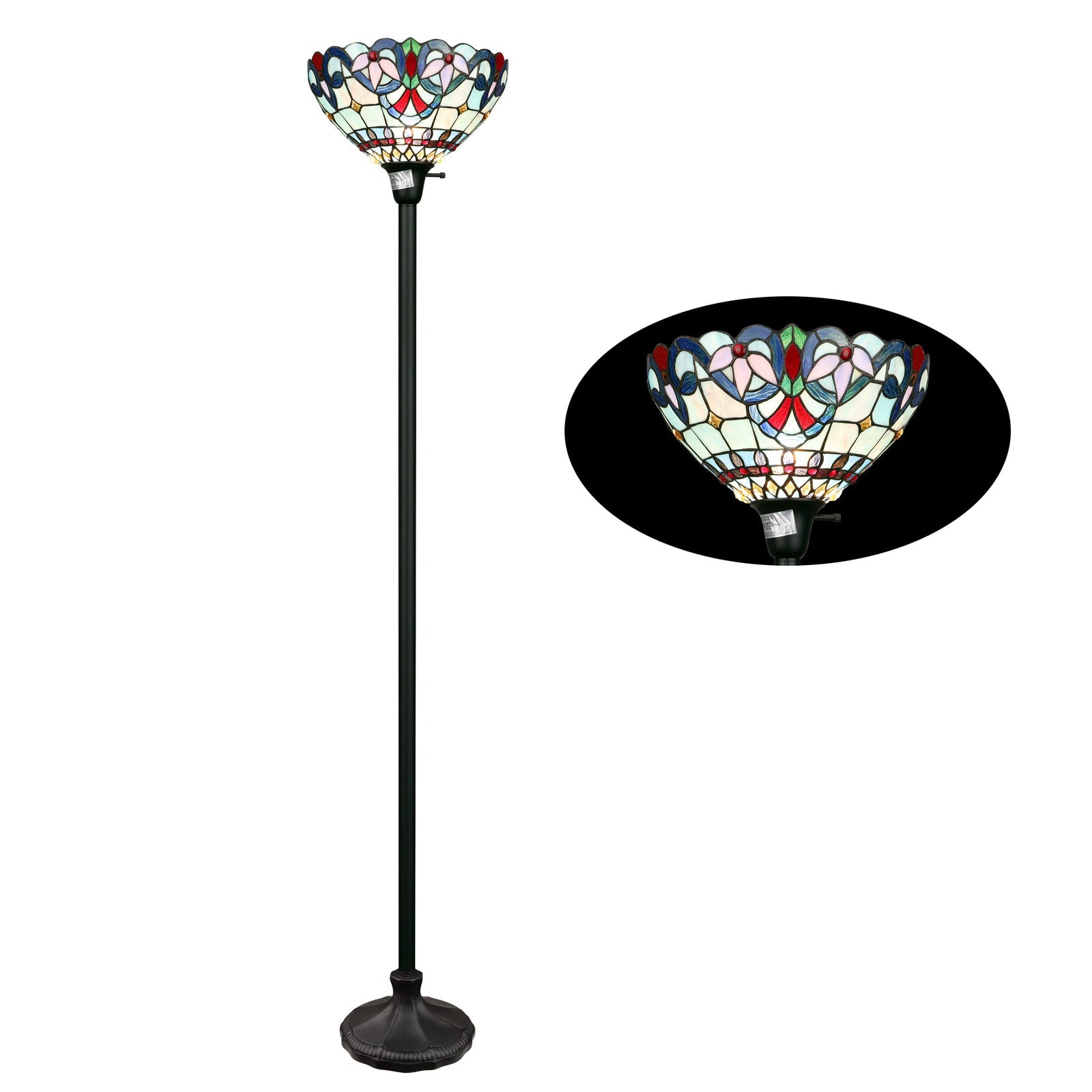 70.5" Antique Vintage Style Stained Glass Torchiere Floor Lamp
