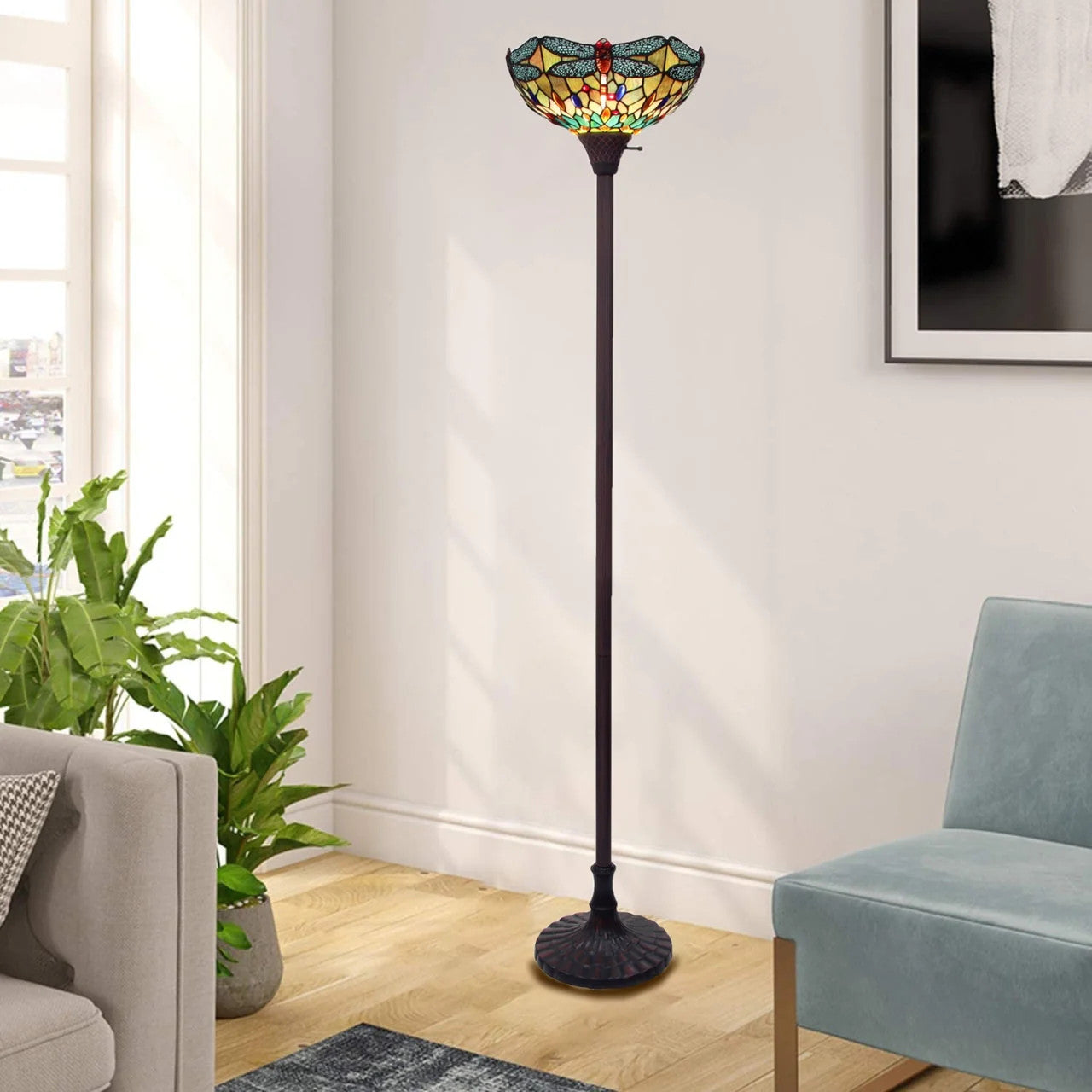 69.49" Antique Vintage Style Stained Glass Dragonfly Torchiere Floor Lamp