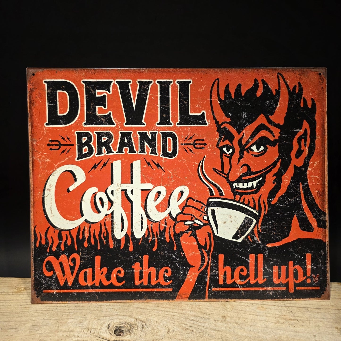 Devil Brand Coffee Tin Sign – Wake the Hell Up 