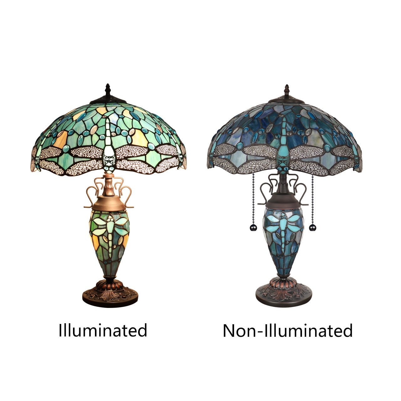 22.44" Antique Vintage Style Stained Glass Dragonfly Lighted Base Table Lamp