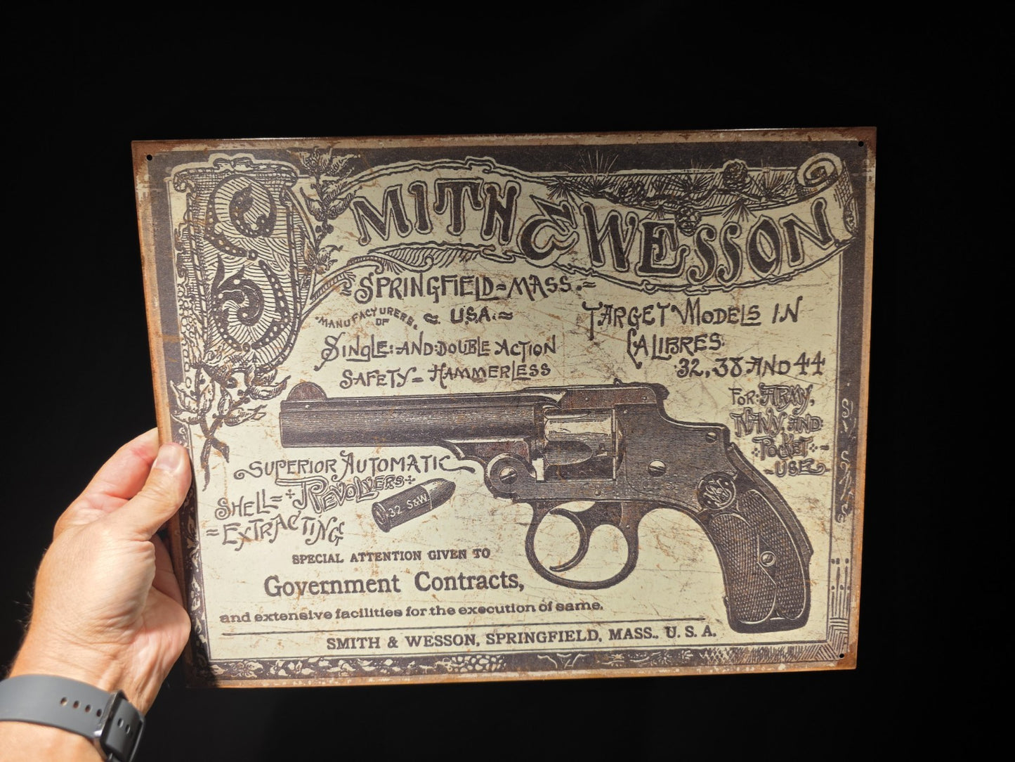 Vintage-Style Smith & Wesson Tin Sign – 1892 Revolver Advertisement