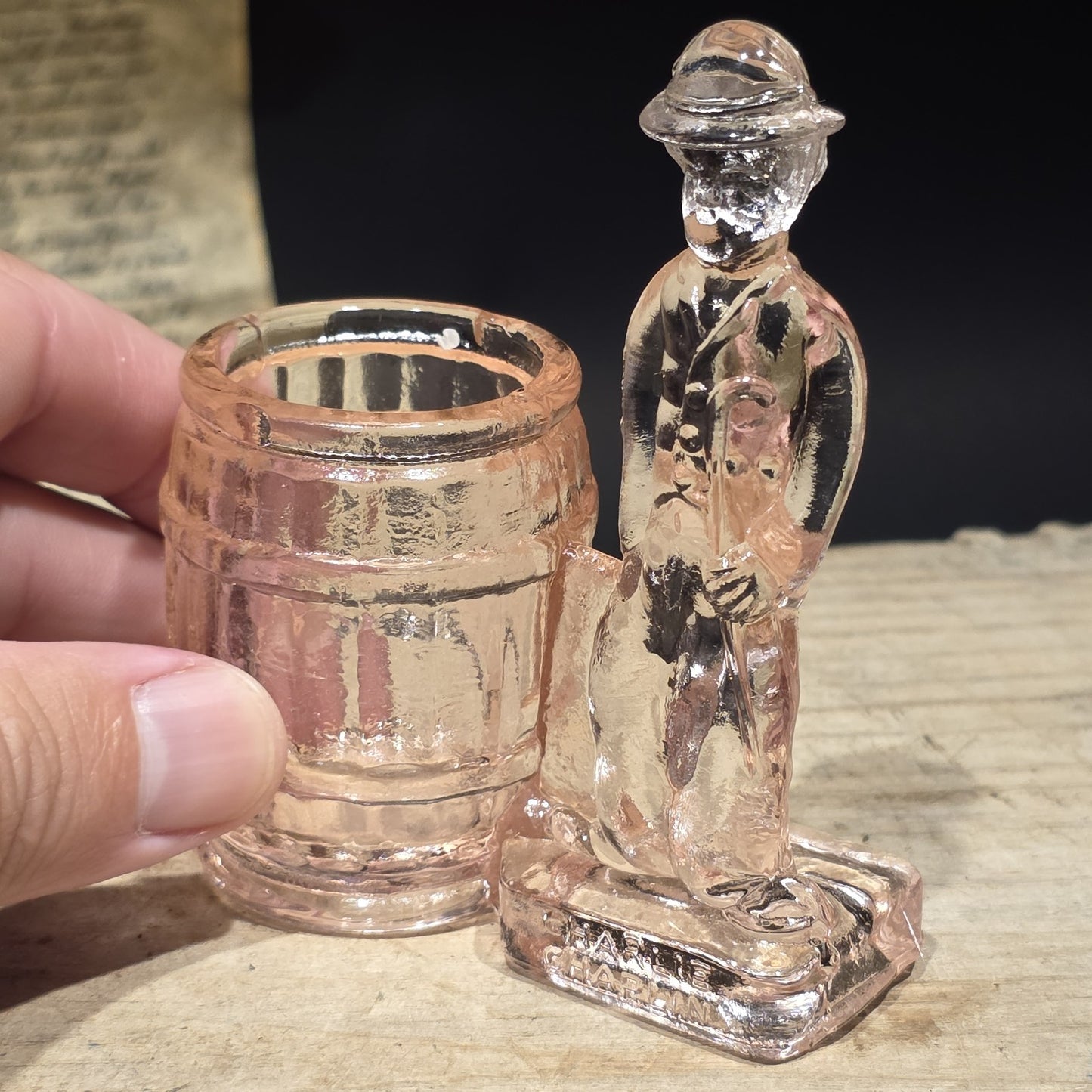 Charlie Chaplin Style Toothpick Holder – Pink Depression Glass Tramp Figure