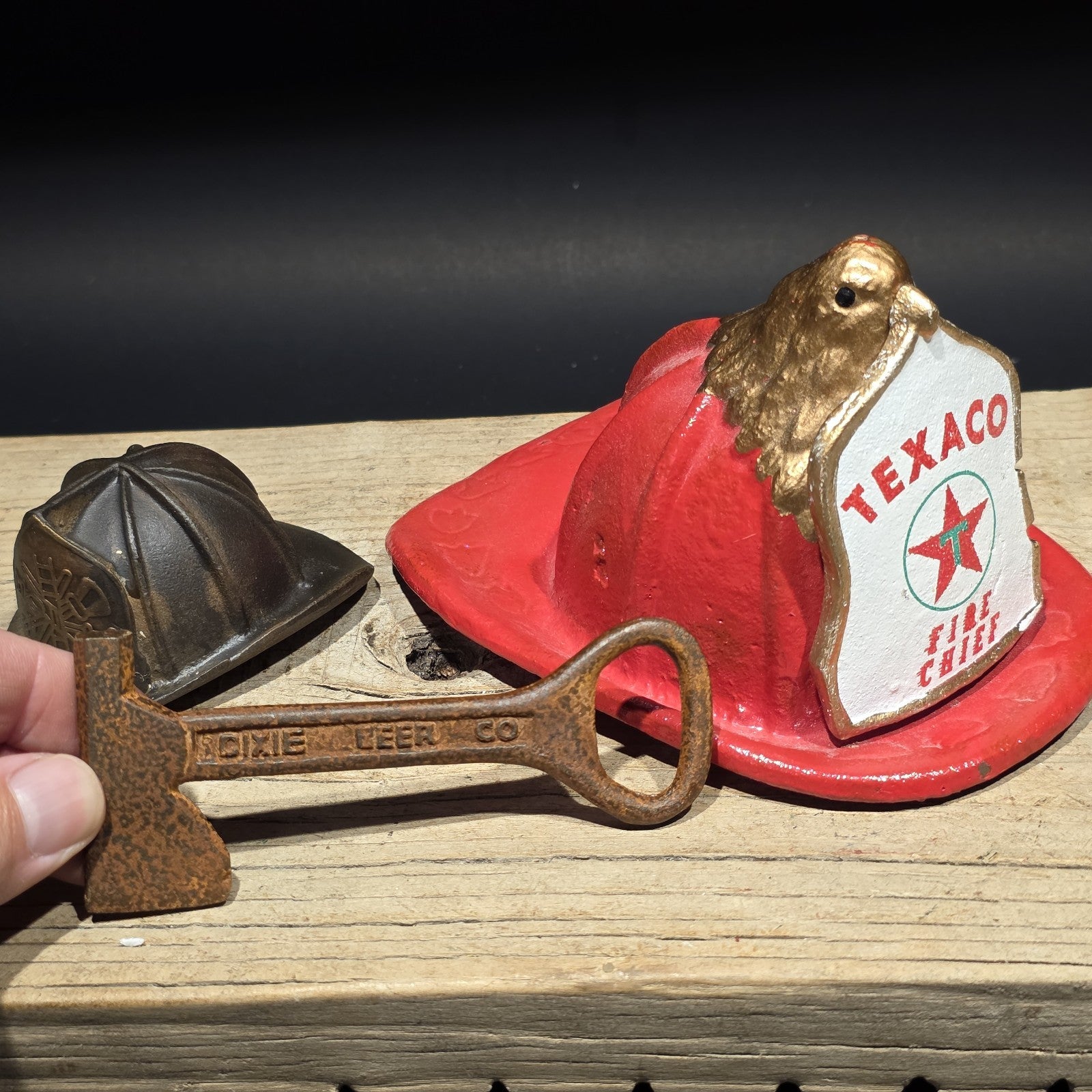 Mini Cast Iron Texaco Fire Chief Helmet Dixie Beer Axe Bottle Opener Lot