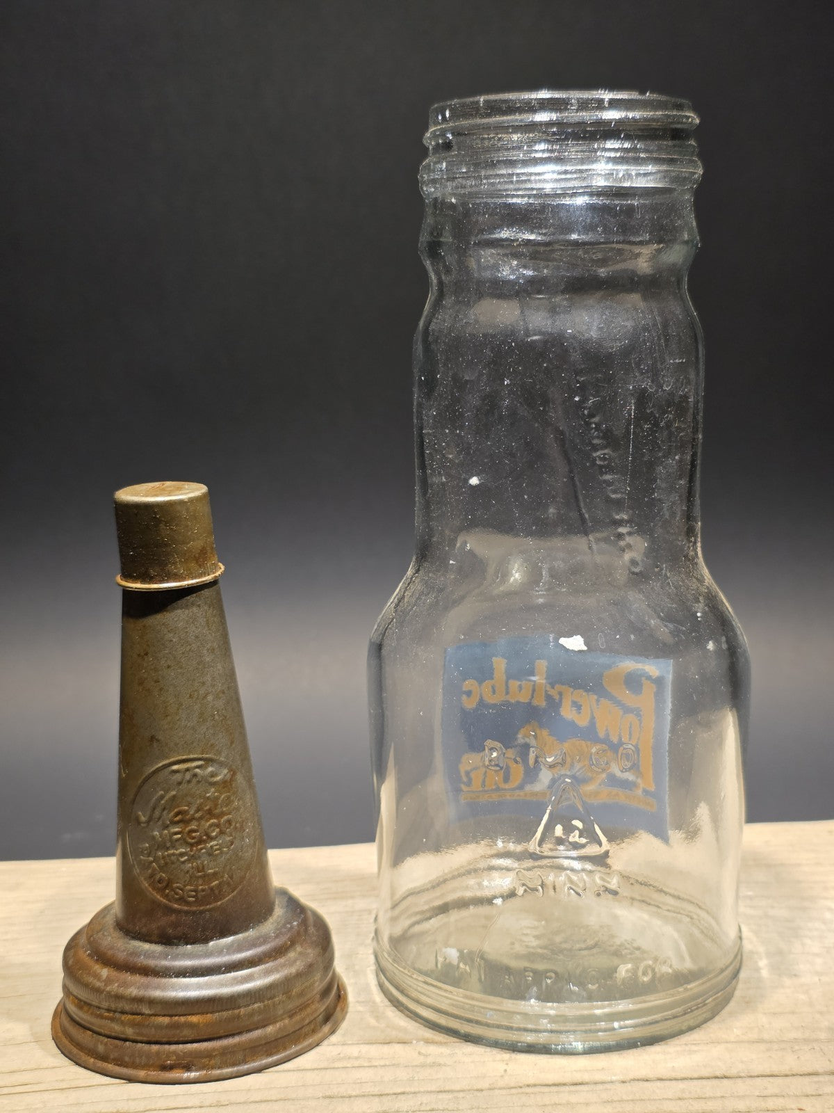 1930s Style Glass Power Lube Oil Bottle w Spout