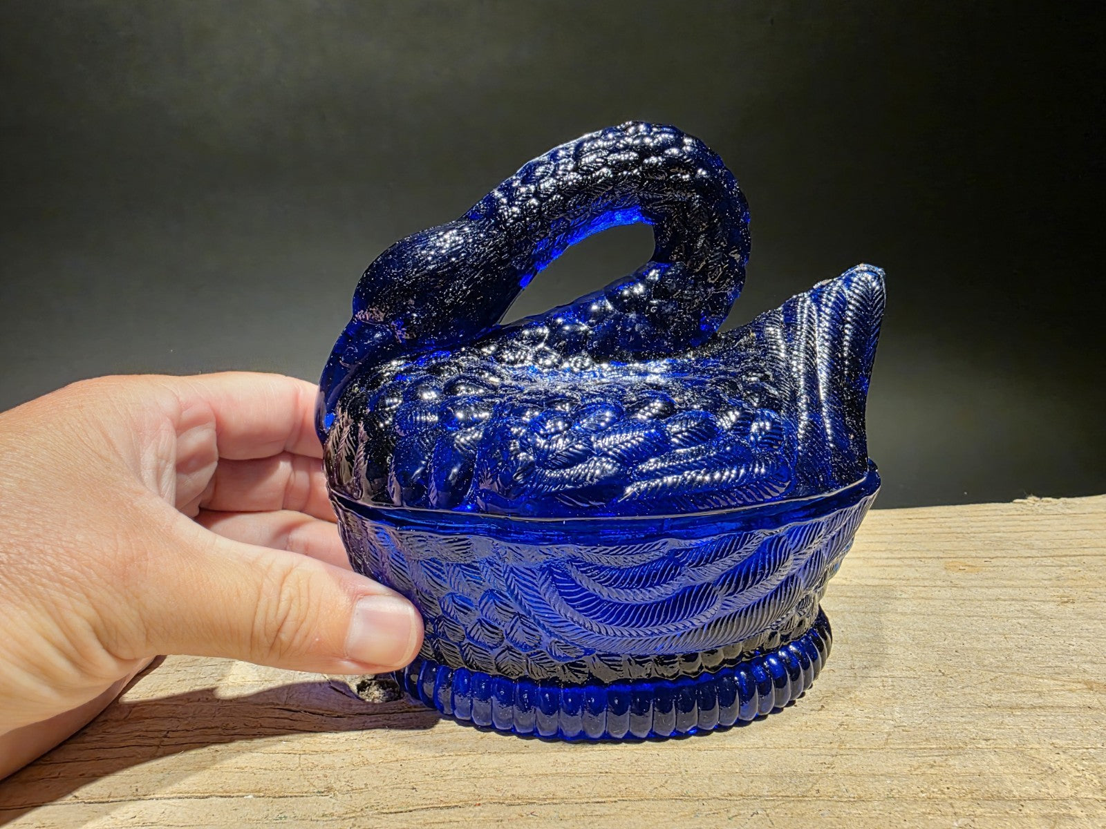 Vintage Style Cobalt Blue Depression Glass Swan Candy Dish Box
