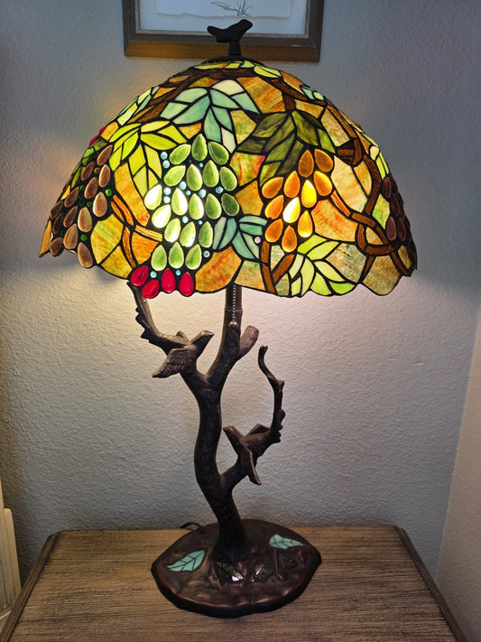 32.5" Antique Vintage Style Stained Glass Oval Fruit Grapes Table Lamp
