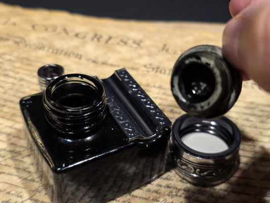 5" Antique Style Glass Inkwell Pen Rest Filled with 1.75 oz Black Ink