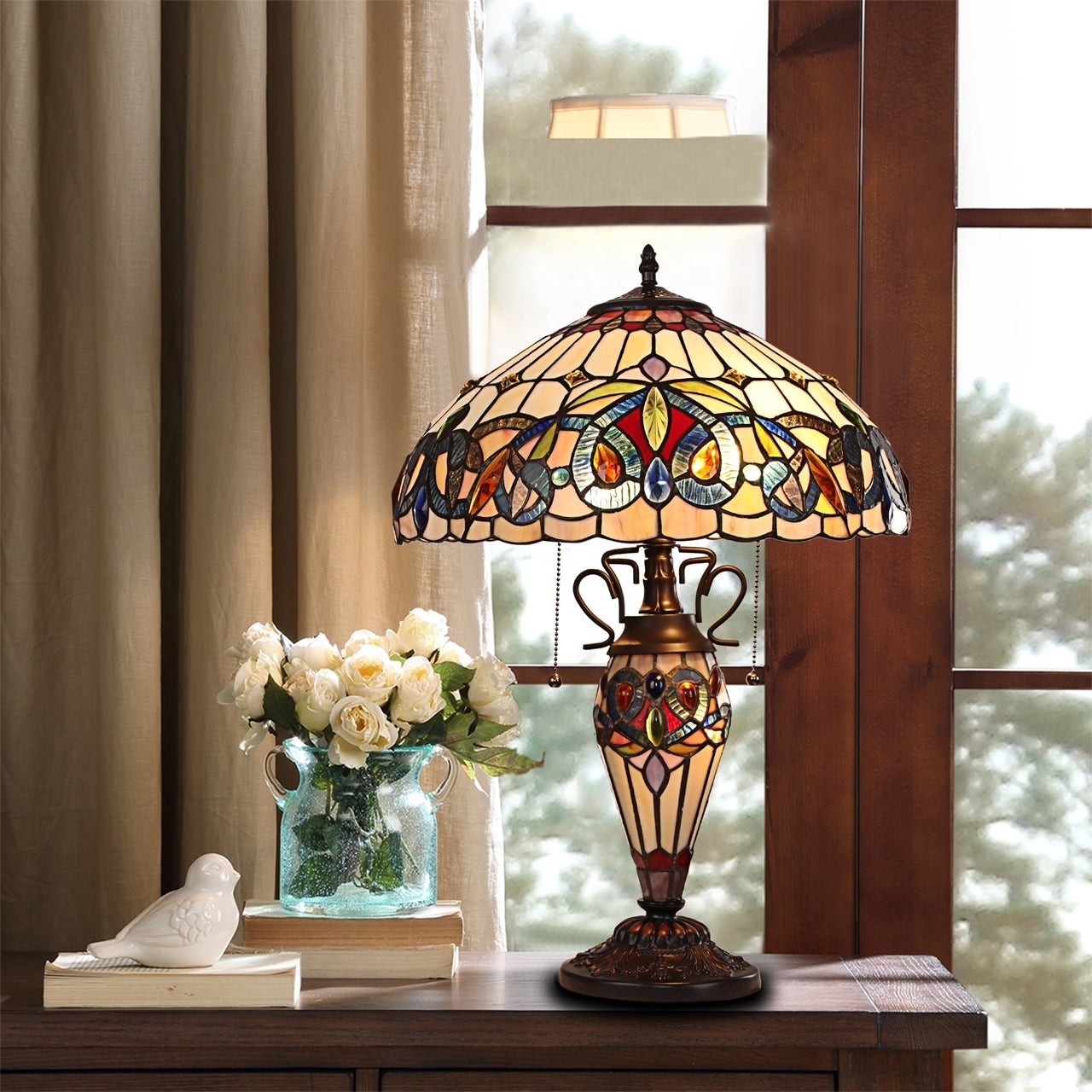 23.23" Antique Vintage Style Stained Glass Lit Base Table Lamp