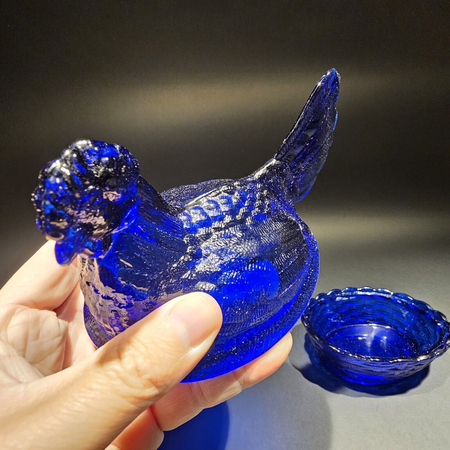 Antique Vintage Style Cobalt Blue Depression Glass Chicken Hen On Nest Dish