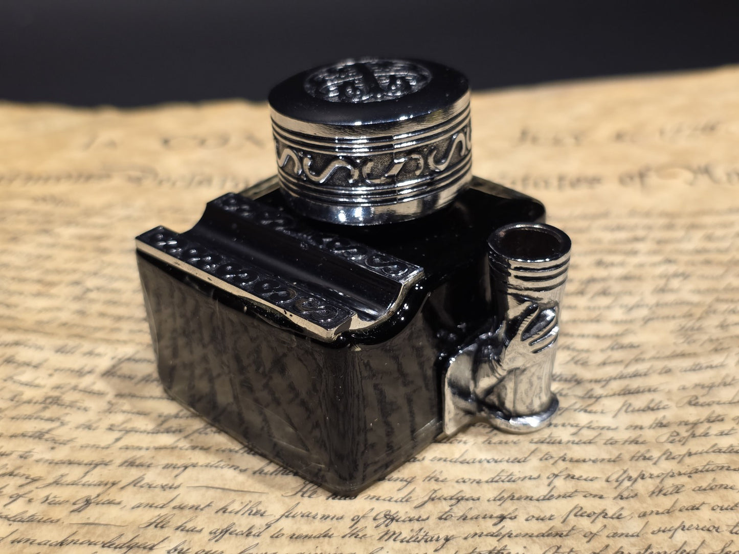 5" Antique Style Glass Inkwell Pen Rest Filled with 1.75 oz Black Ink